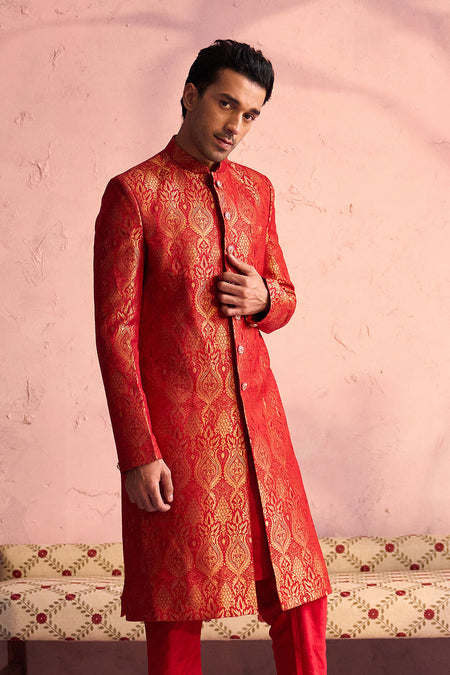 SHRESTHA By VASTRAMAY Men's Red Jacquard Sherwani Only Top